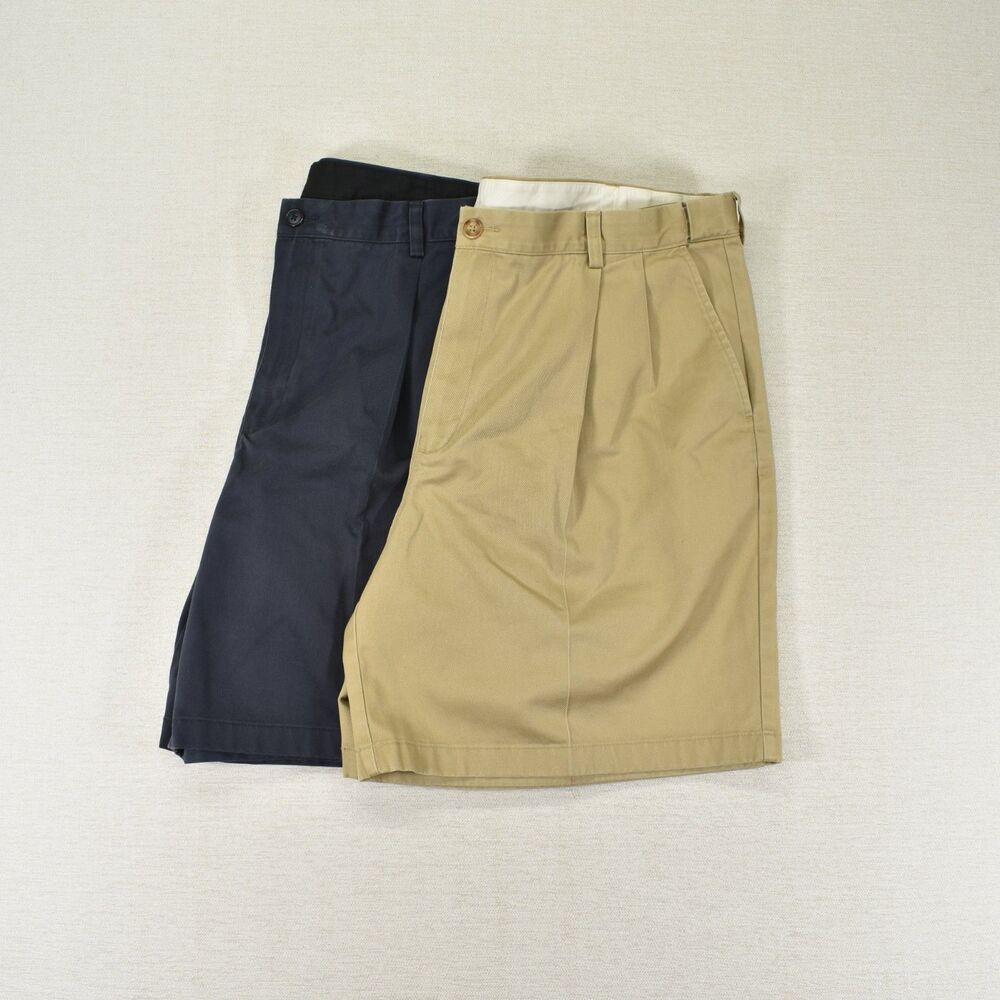 L.L. Bean Pleated Chino Shorts Lot of 2 Tan Khaki Navy Blue Cotton Men's Size 42